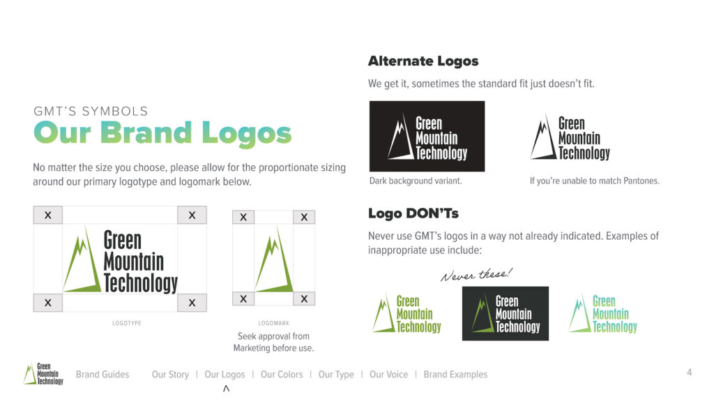 Page 4 of GMT Brand Book, the brand logos prepared by Cam Elliott