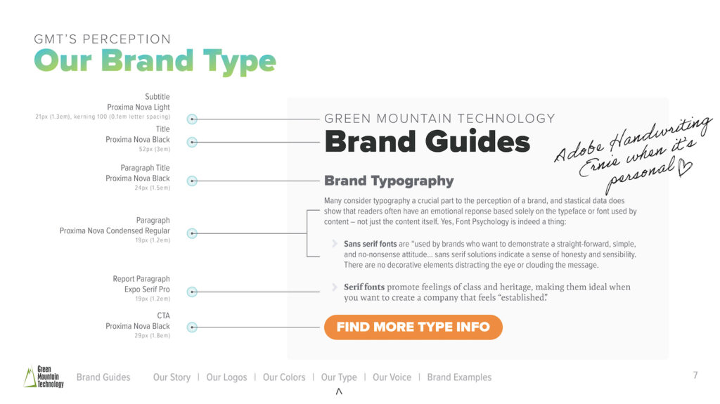 Page 7 of GMT Brand Book, the brand type designed by Cam Elliott