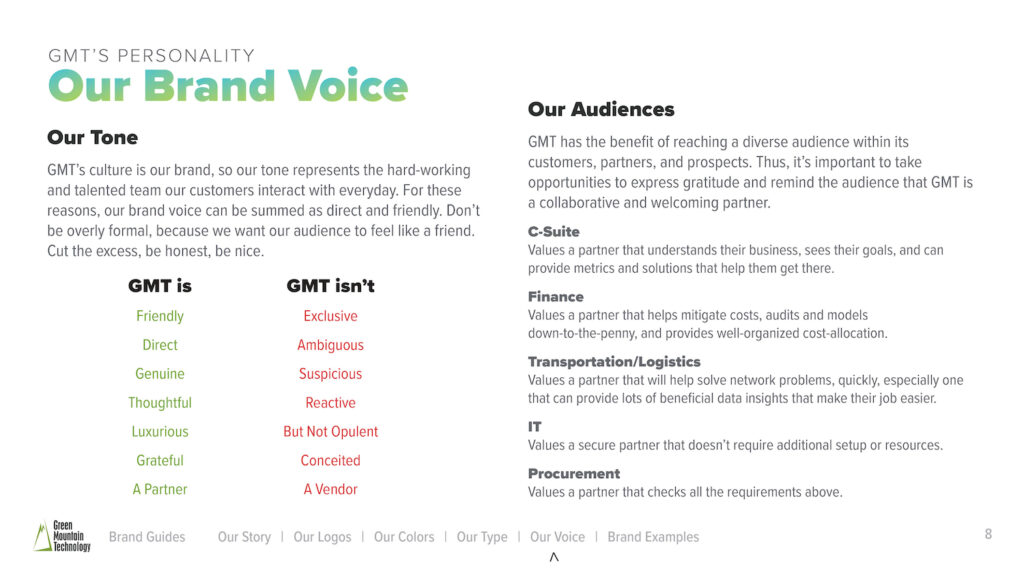 Page 8 of GMT Brand Book, the brand voice defined by Cam Elliott