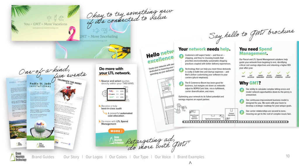 Page 10 of GMT Brand Book, examples of touchpoints designed by Cam Elliott