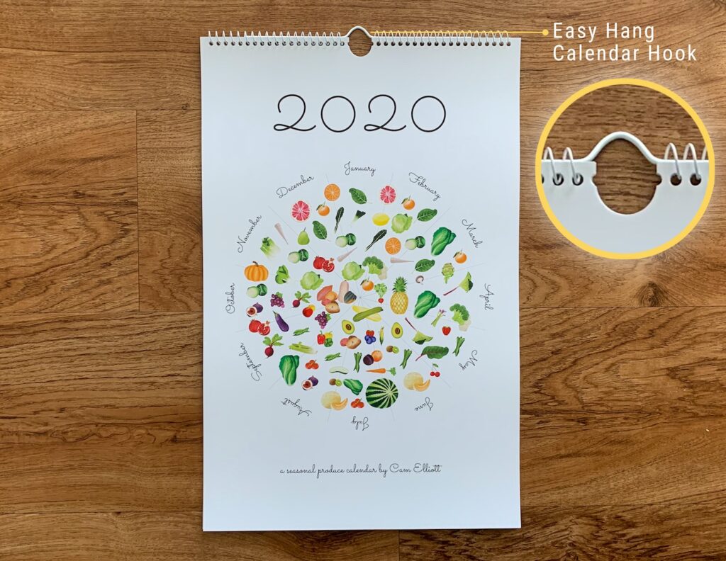 Image showcasing easy hanging calendar hook of Cam Elliott's printed seasonal produce calendar
