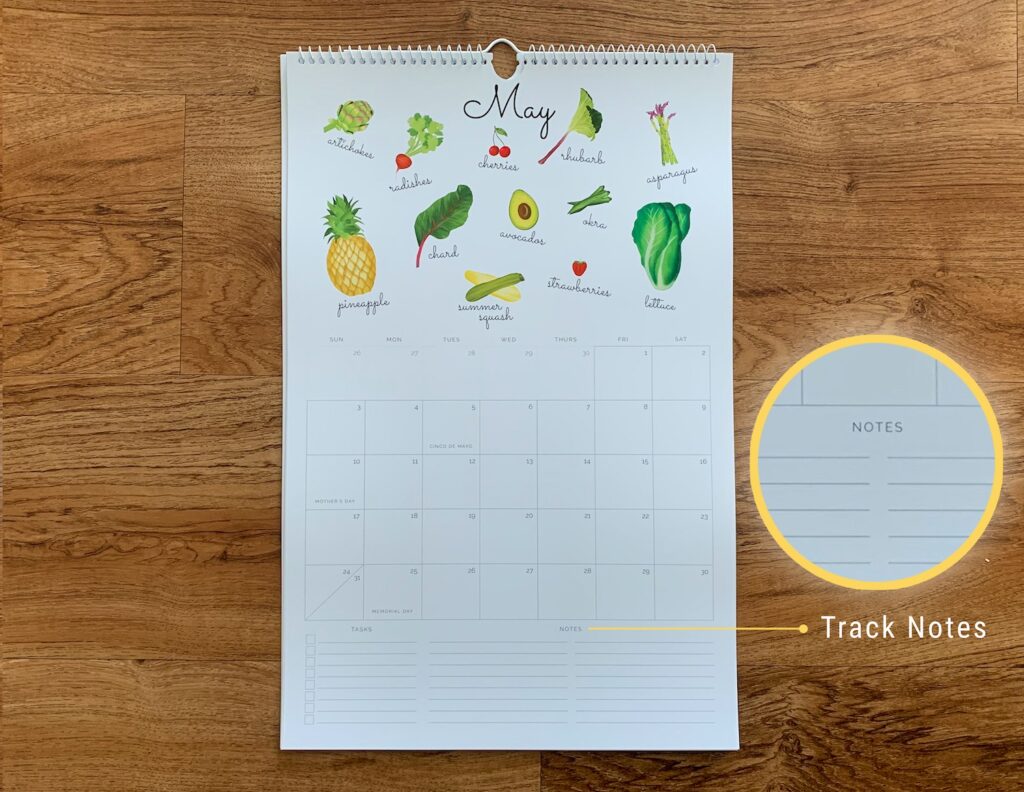 Image showcasing notes section of Cam Elliott's printed seasonal produce calendar