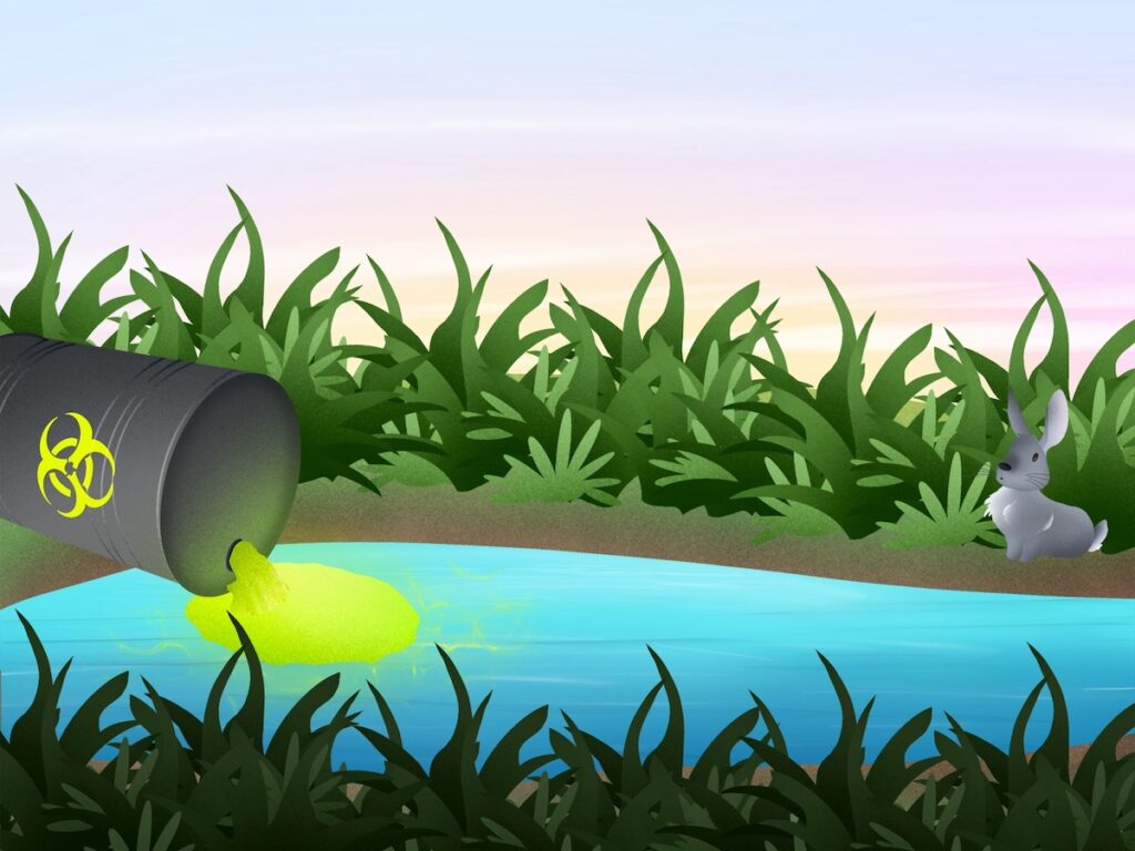 Illustration of a rabbit watching toxic goo spilling into drinking water, drawn by Cam Elliott. Made for an infographic about the TVA.