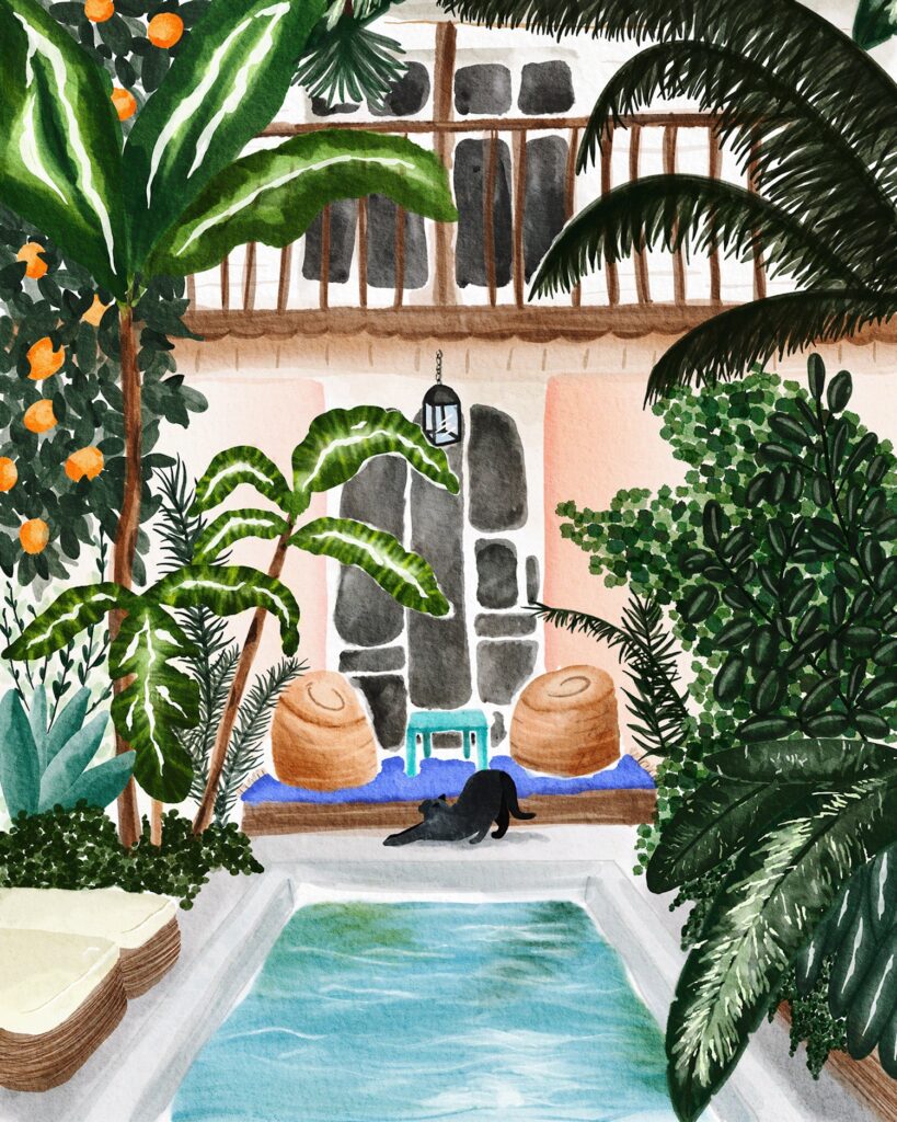 A lush backyard with a cat lazing around a large pool, a watercolor drawing by Cam Elliott